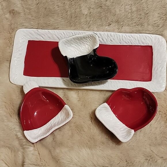 ST. NICHOLAS SQUARE CHRISTMAS TRADITIONS RED 4-PIECE APPETIZER TRAY AND BOWLS - Picture 6 of 8